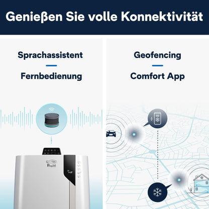De'Longhi Pinguino PAC EX130 CST WiFi Mobiles Klimagerät mit Abluftschlauch, Klimaanlage für Räume bis bis 120m³, Luftentfeuchter, Ventilationsfunktion, 24h-Timer, Energieeffizienzklasse A, Weiß