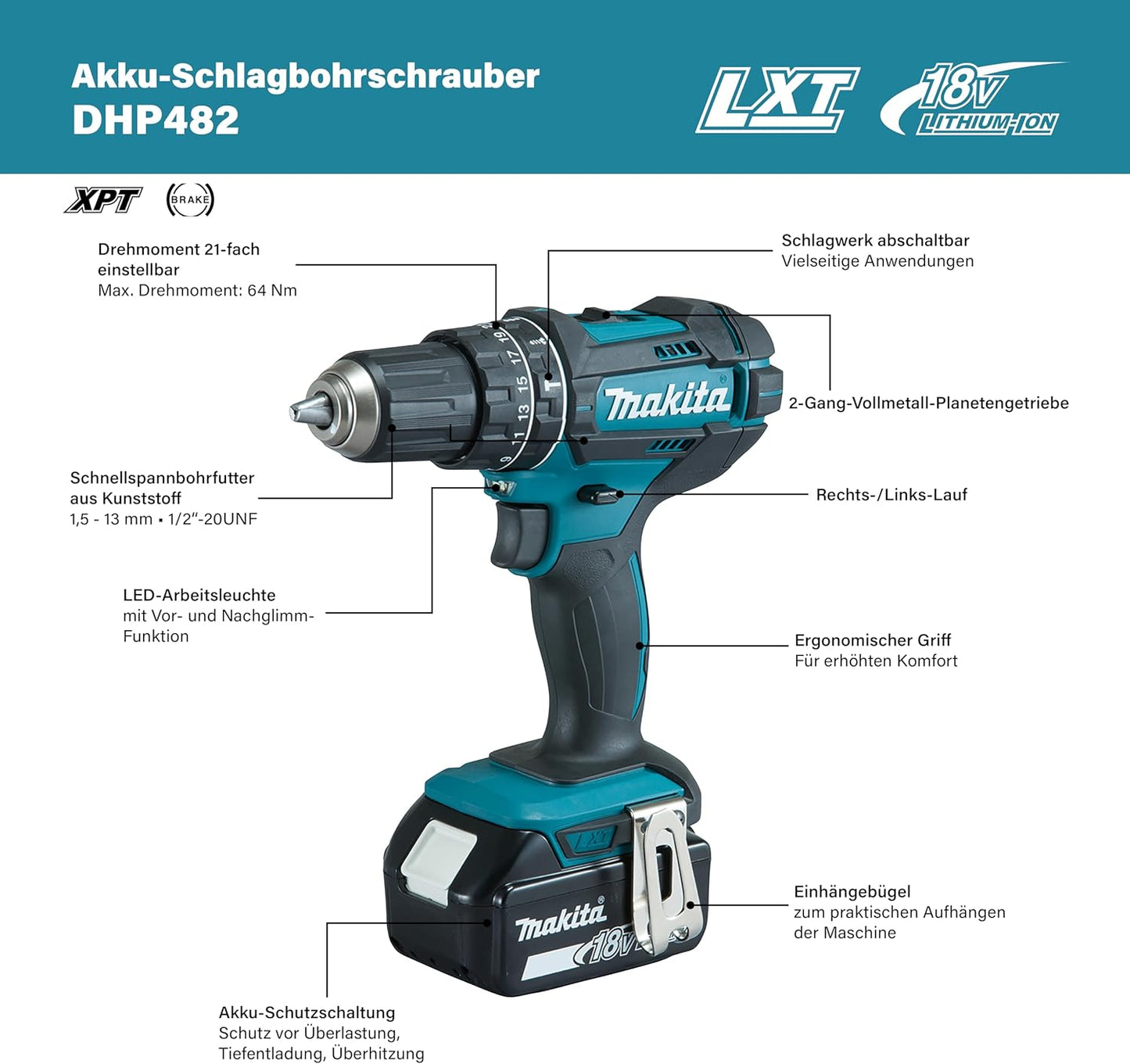 Makita DHP482RFX9 Schlagbohrschrauber 18V / 3,0 Ah, 2 Akkus plus Ladegerät im Alukoffer, Petrol, 96-tlg. Zubehör-Set