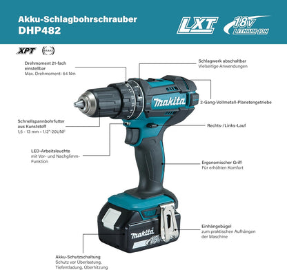 Makita DHP482RFX9 Schlagbohrschrauber 18V / 3,0 Ah, 2 Akkus plus Ladegerät im Alukoffer, Petrol, 96-tlg. Zubehör-Set