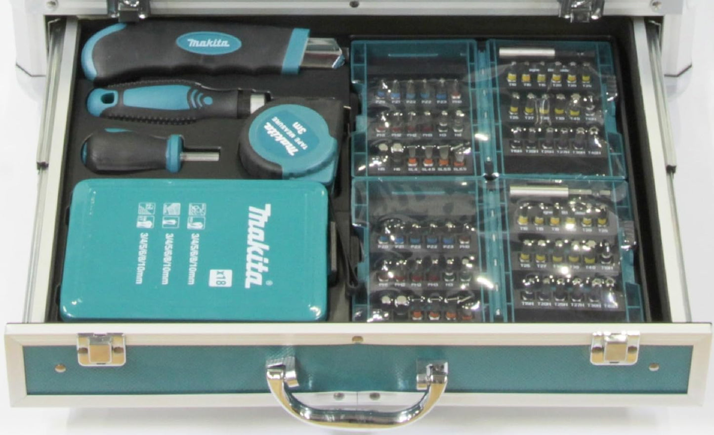 Makita DHP482RFX9 Schlagbohrschrauber 18V / 3,0 Ah, 2 Akkus plus Ladegerät im Alukoffer, Petrol, 96-tlg. Zubehör-Set
