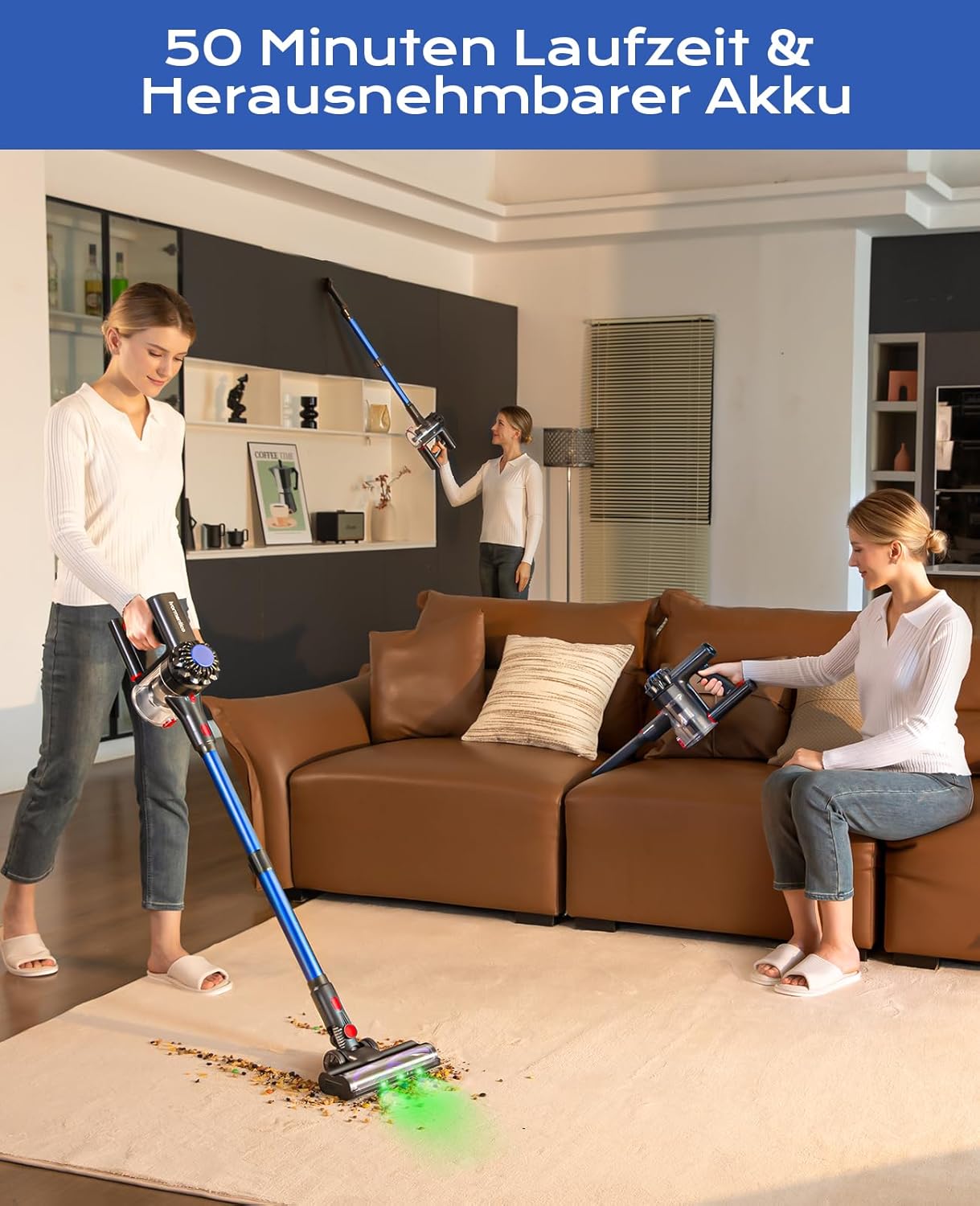 Ivormentico Akku Staubsauger, Staubsauger Kabellos 50Mins/40KPA/450W, Akkustaubsauger mit Geen LED, Kabelloser Staubsauger mit Aufgerüstete Bodenbürste, Staubsauger Akku für Tierhaare, Dunkelblau