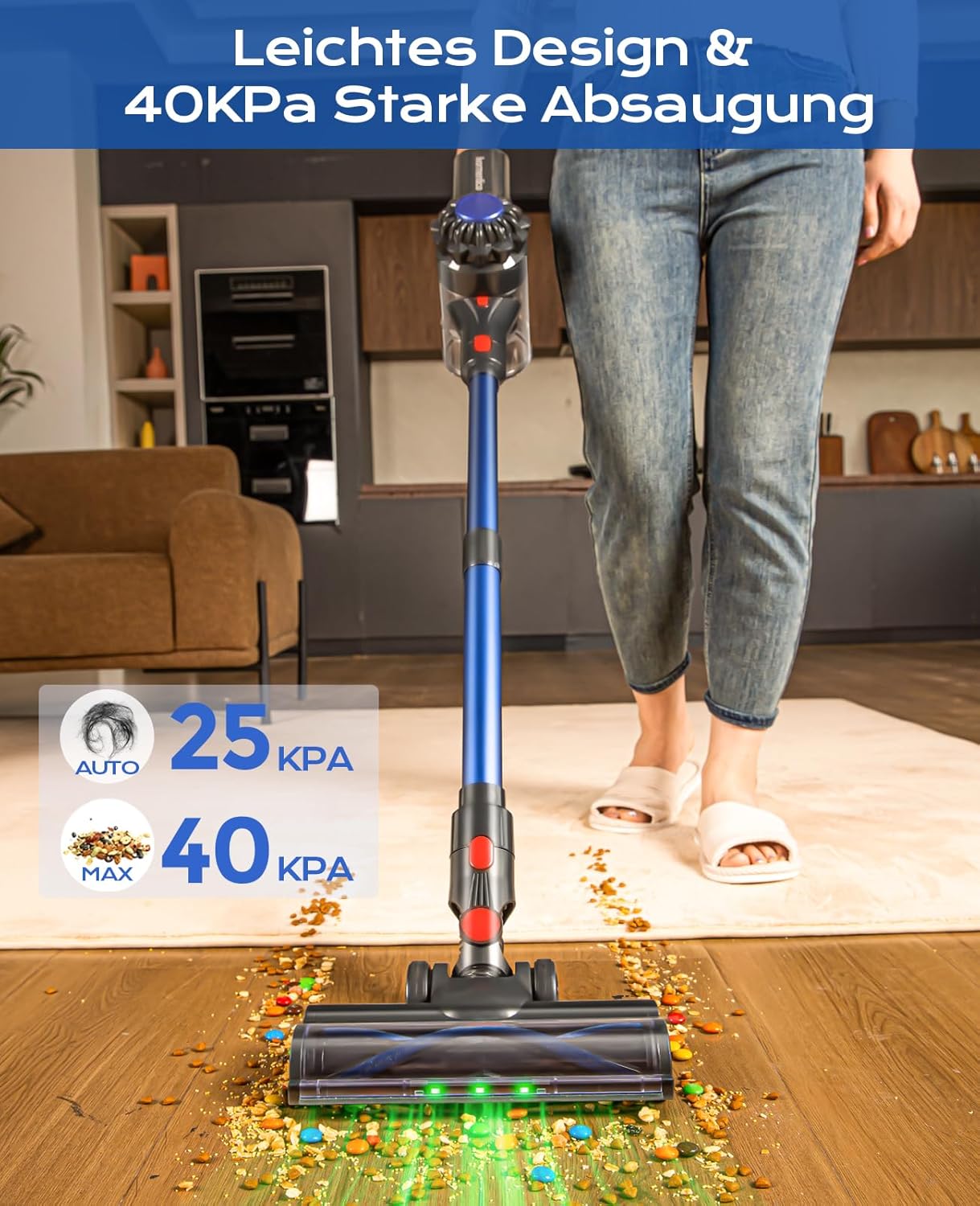 Ivormentico Akku Staubsauger, Staubsauger Kabellos 50Mins/40KPA/450W, Akkustaubsauger mit Geen LED, Kabelloser Staubsauger mit Aufgerüstete Bodenbürste, Staubsauger Akku für Tierhaare, Dunkelblau