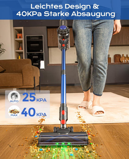 Ivormentico Akku Staubsauger, Staubsauger Kabellos 50Mins/40KPA/450W, Akkustaubsauger mit Geen LED, Kabelloser Staubsauger mit Aufgerüstete Bodenbürste, Staubsauger Akku für Tierhaare, Dunkelblau