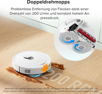 roborock Qrevo Saugroboter mit Wischfunktion, 5500Pa Saugkraft, 3D-Kartierung, Doppeldrehmopps Wischroboter automatische Wasser-Befüllung, Entleerung, Staubbeutel-Entleerung, Reinigung(Weiß)