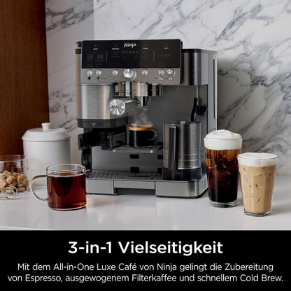 Ninja Luxe Premier 3-in-1-Kaffeemaschine mit Mahlwerk und Aufschäumer für Latte, Cappuccino, Cold Brew & Espresso, einfache Handhabung, 4 Voreinstellungen zum Aufschäumen, Silber, ES601EU