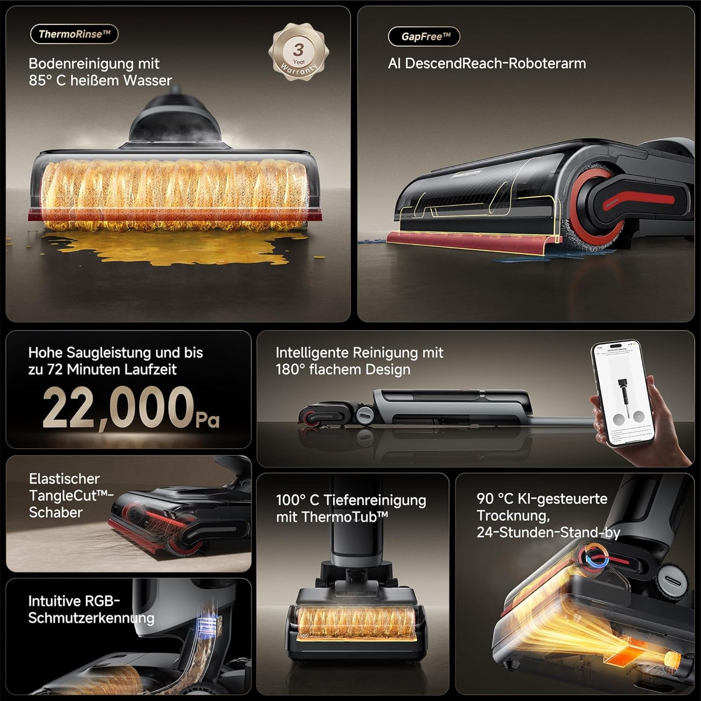 dreame H15 Pro Heat Nass- und Trockensauger, 85° C Wasser, GapFree AI-Roboterarm, RGB-Erkennung, 22.000 Pa Saugleistung, Haarentwirrung, 100° C Bürstenreinigung, 5 Min. 90° C Trocknung, App-Steuerung