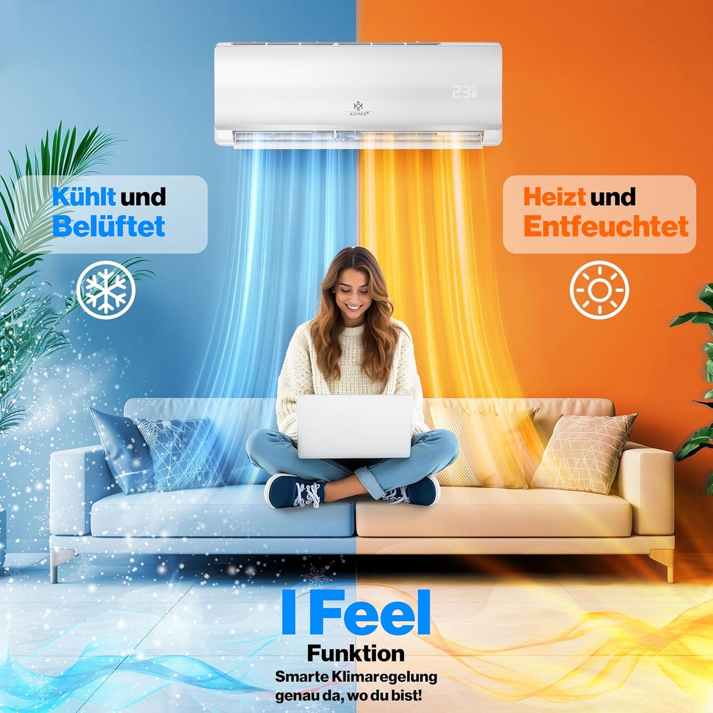 KESSER® Klimaanlage Set Split - mit WiFi/App Funktion Klimagerät - Kühlen A++/ Heizen A+ -12000 BTU/h (3.400 Watt) Kältemittel R32 - Fernbedienung, Timerfunktion - Inkl. komplettem Montagematerial