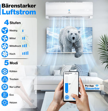 KESSER® Klimaanlage Set Split - mit WiFi/App Funktion Klimagerät - Kühlen A++/ Heizen A+ -12000 BTU/h (3.400 Watt) Kältemittel R32 - Fernbedienung, Timerfunktion - Inkl. komplettem Montagematerial