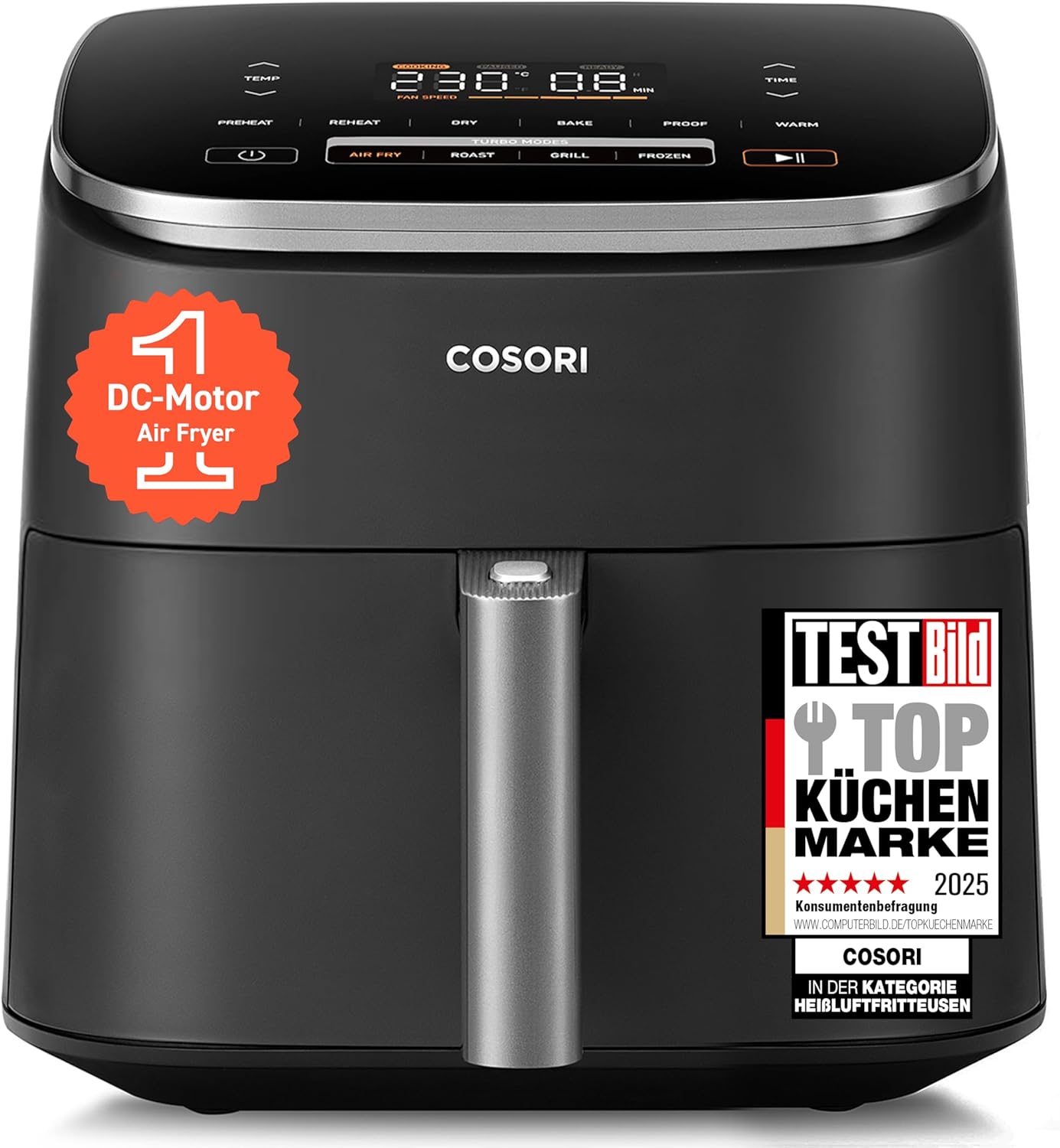 Cosori Turboblaze Airfryer Heißluftfritteuse, 9-in-1 Air Fryer XXL 6L, leiser DC Motor mit 5 Geschwindigkeitsstufen, Grillen, Backen, Gären, Dehydrieren, Tiefkühlen, 87 Rezepte, 64% energiesparend
