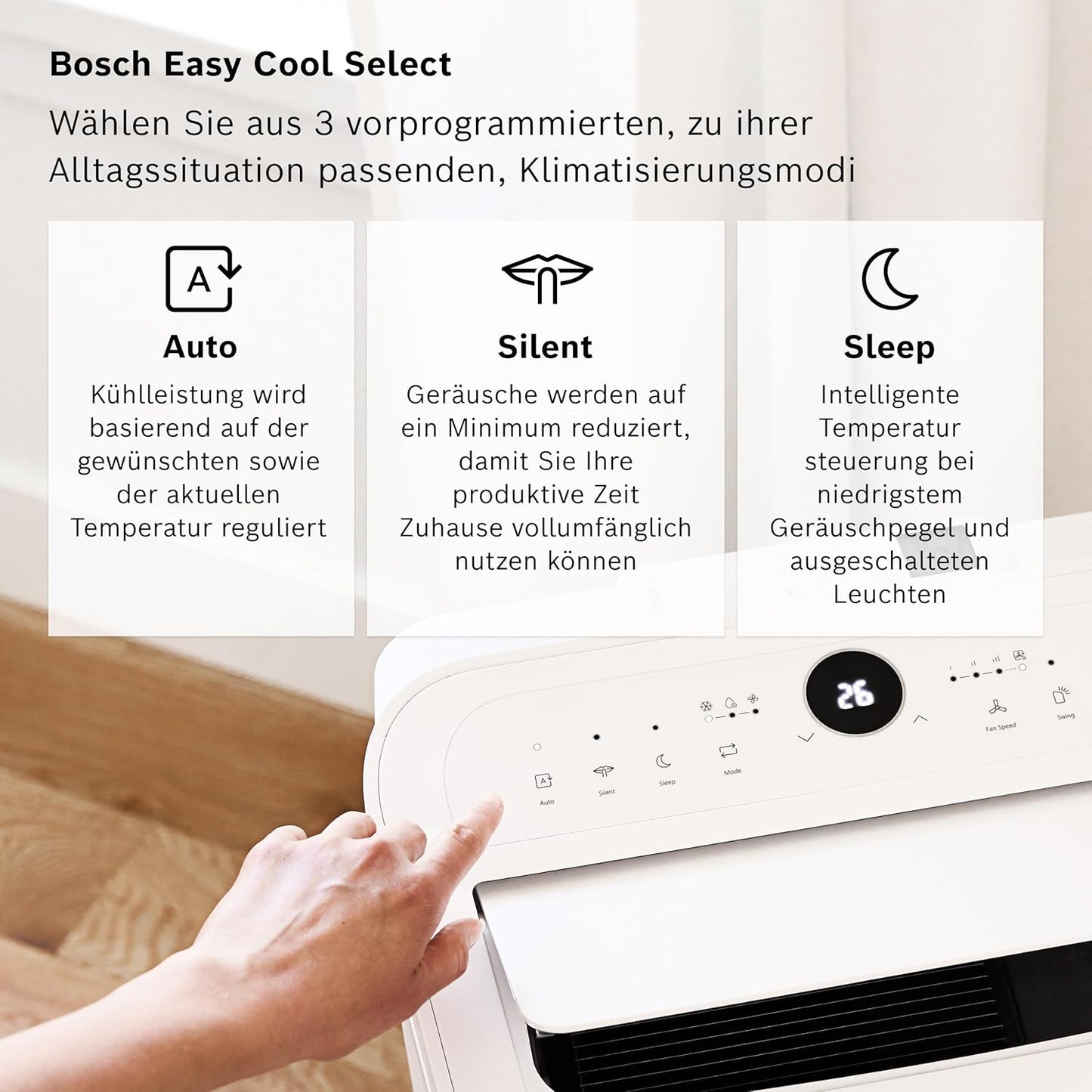Bosch Cool 2000 Mobiles Klimagerät - 3-in-1: Klimagerät, Luftentfeuchter, Ventilator - 2,6 kW Kühlleistung für Räume bis zu 35m² - Auto-Modus, Silent-Modus & Sleep-Modus