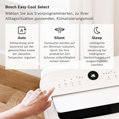 Bosch Cool 2000 Mobiles Klimagerät - 3-in-1: Klimagerät, Luftentfeuchter, Ventilator - 2,6 kW Kühlleistung für Räume bis zu 35m² - Auto-Modus, Silent-Modus & Sleep-Modus