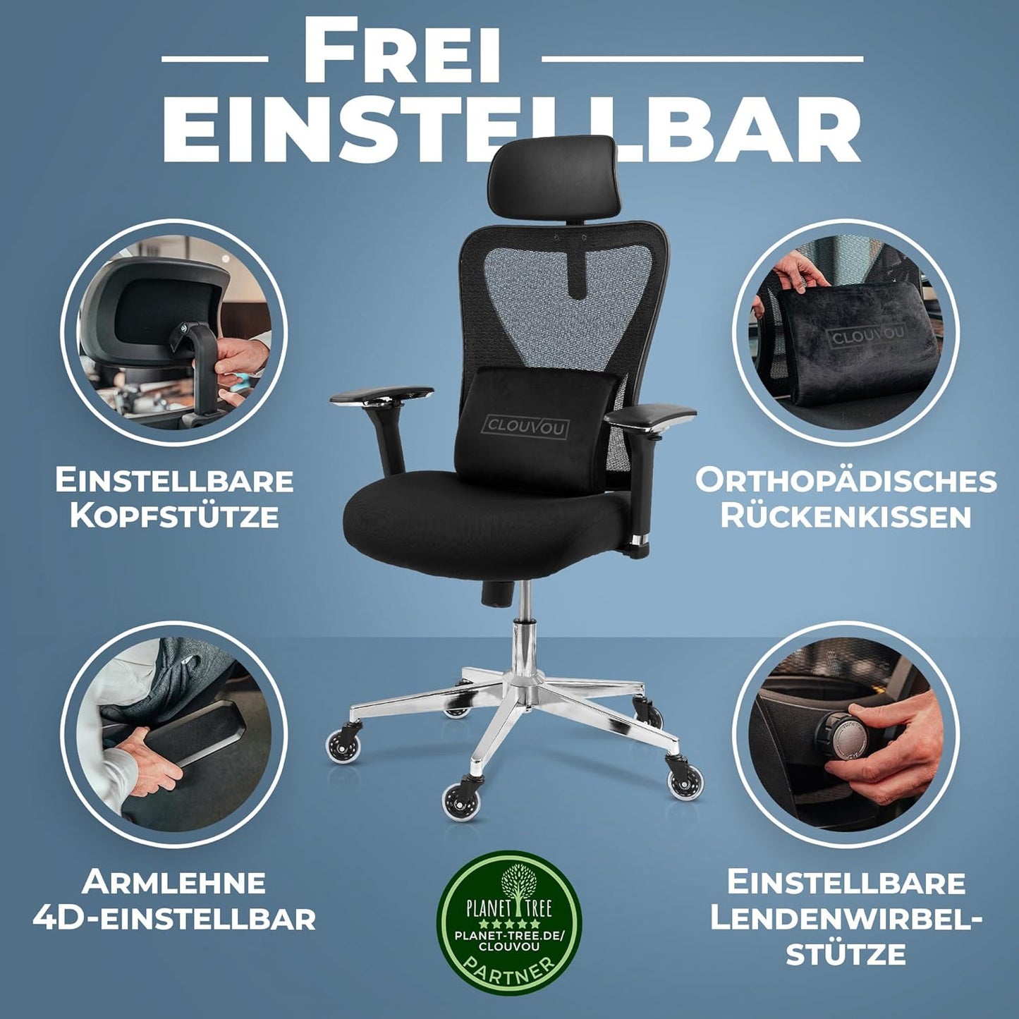 CLOUVOU CleverSeat Bürostuhl Ergonomisch [TESTSIEGER] Schreibtischstuhl 100% individuell einstellbar | Büro Stuhl & Gaming Stuhl | Computerstuhl Home Office Chair Ergonomic | Drehstuhl 150 kg