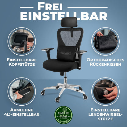 CLOUVOU CleverSeat Bürostuhl Ergonomisch [TESTSIEGER] Schreibtischstuhl 100% individuell einstellbar | Büro Stuhl & Gaming Stuhl | Computerstuhl Home Office Chair Ergonomic | Drehstuhl 150 kg