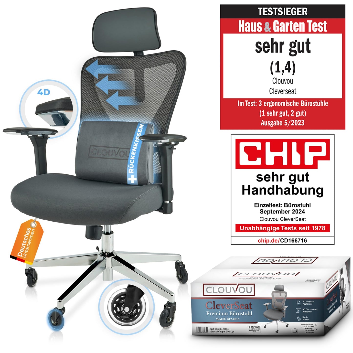 CLOUVOU CleverSeat Bürostuhl Ergonomisch [TESTSIEGER] Schreibtischstuhl 100% individuell einstellbar | Büro Stuhl & Gaming Stuhl | Computerstuhl Home Office Chair Ergonomic | Drehstuhl 150 kg