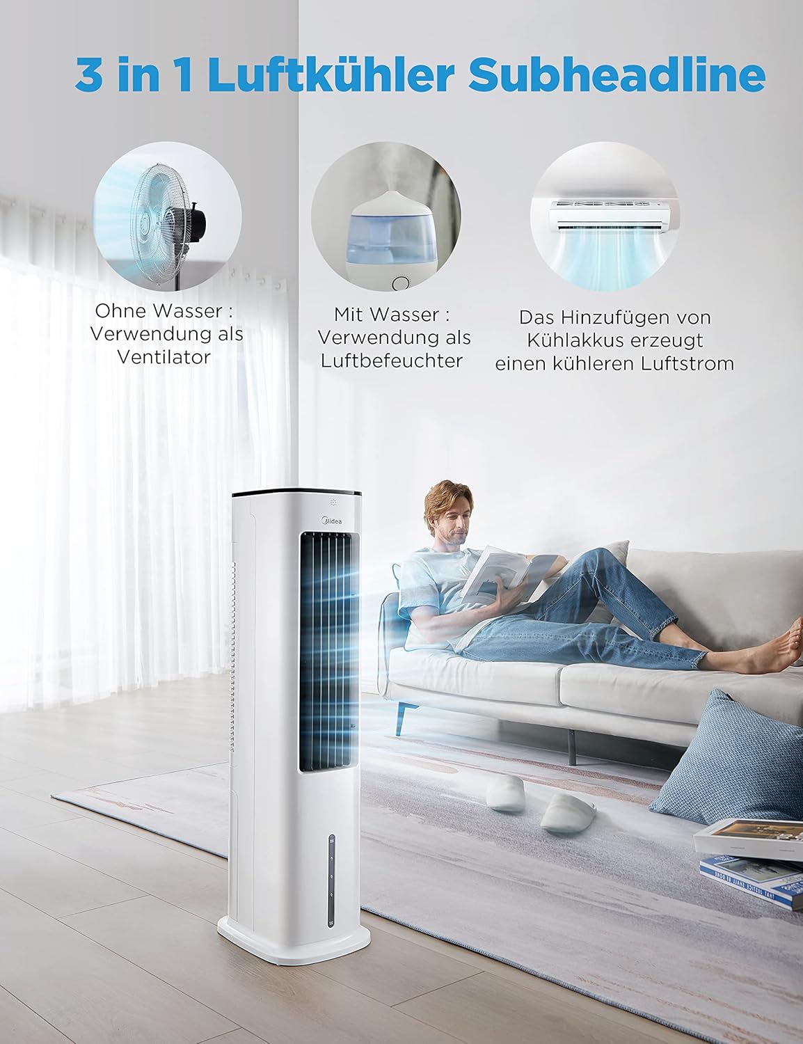 Midea 4-in-1 Mobile Klimaanlage ohne Abluftschlauch | Turmventilator mit Wasserkühlung & Luftbefeuchter | | Luftkühler mobil mit 5L Wassertank, 355m³/h Luftstrom, Ionisation, Fernbedienung (55W, Weiß)