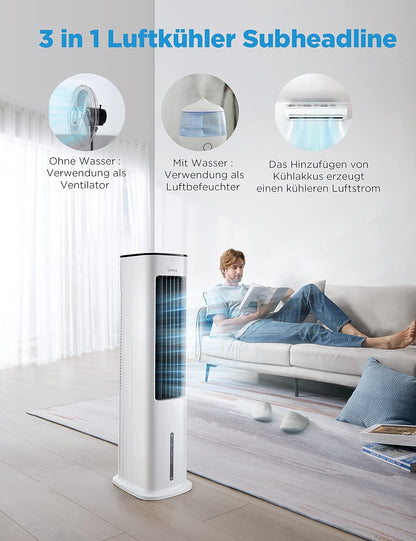Midea 4-in-1 Mobile Klimaanlage ohne Abluftschlauch | Turmventilator mit Wasserkühlung & Luftbefeuchter | | Luftkühler mobil mit 5L Wassertank, 355m³/h Luftstrom, Ionisation, Fernbedienung (55W, Weiß)