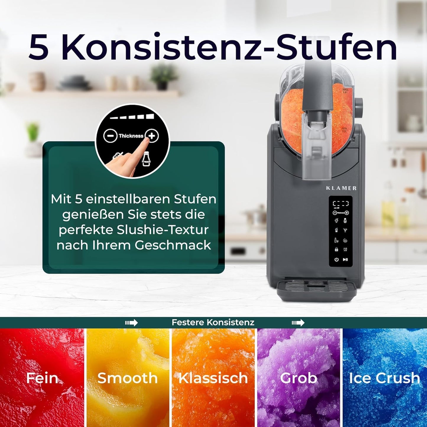 KLAMER Slush Maschine, mit 5 smarten Programmen: Slushie, Cocktail, Milchshake, Frappé, Wein, Automatische Reinigung, 2L Fassungsvolumen, Turbo Freeze, kein Eis erforderlich, mit digitalem Rezeptbuch