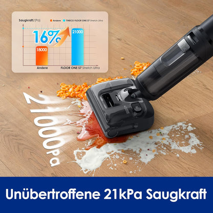 Tineco Floor ONE S7 Stretch Ultra Nass Trockensauger, 180° Lay-Flat Nasssauger, 85°C 5 Min Flashdry-Selbstreinige, 50 Min Laufzeit, DualBlock Anti-Tangle, Beide Kantenreinigen, Reinigen unter Möbeln