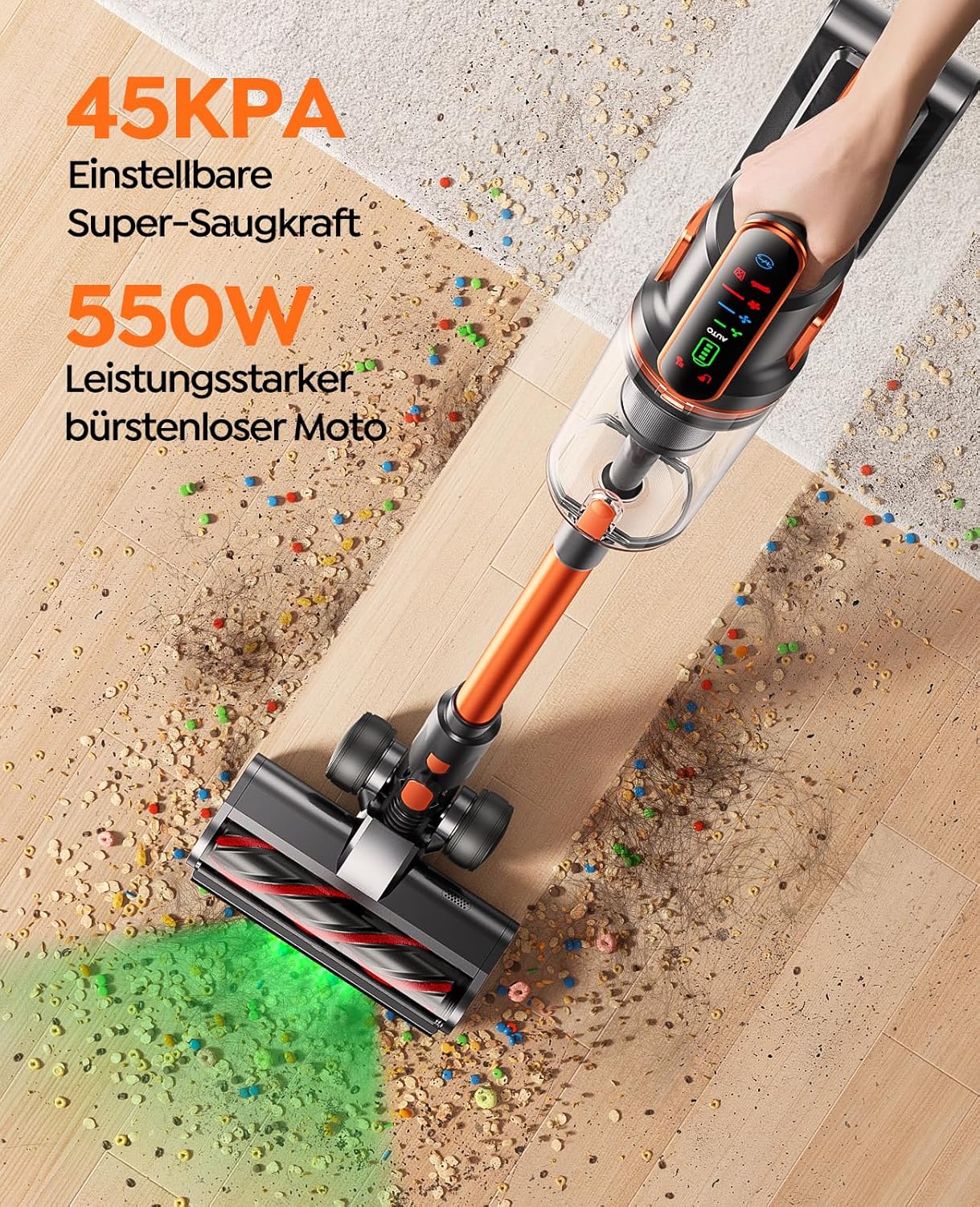 Fieety Akku Staubsauger, 45KPa/550W/60Min Staubsauger Kabellos mit Wandmontierte Ladestation, Aromatherapie, Automatikmodus, Touchscreen, 1M Ausziehbarer Schlauch für Hartböden Teppiche Tierhaare Auto