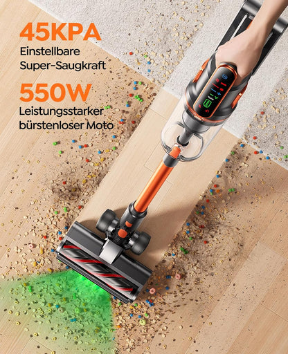 Fieety Akku Staubsauger, 45KPa/550W/60Min Staubsauger Kabellos mit Wandmontierte Ladestation, Aromatherapie, Automatikmodus, Touchscreen, 1M Ausziehbarer Schlauch für Hartböden Teppiche Tierhaare Auto