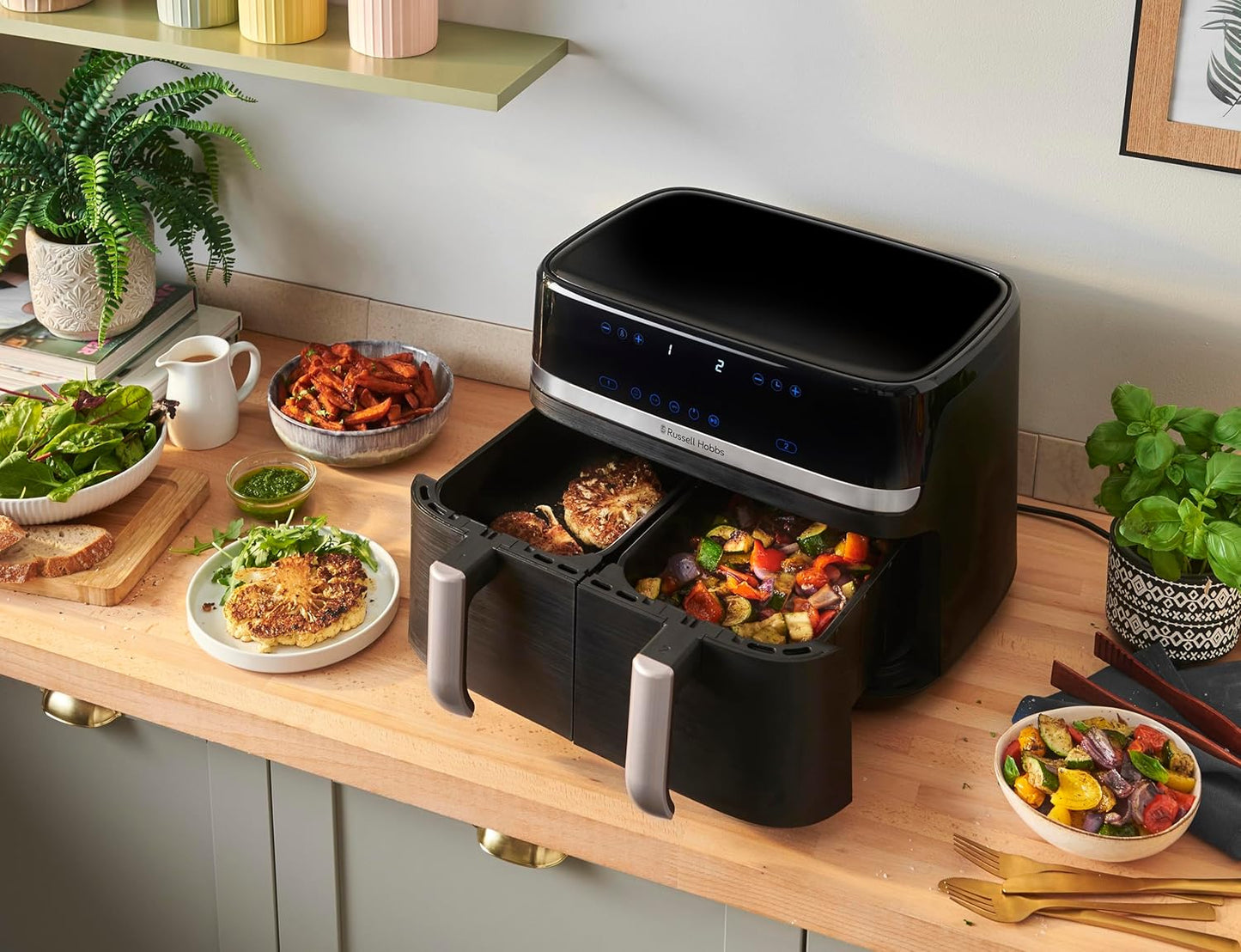 Russell Hobbs Heißluftfritteuse 2 Kammern 9L Rapid AirFryer [2 Fächer je 4,5l, sehr leiser Betrieb, 9 Programme] SatisFry Fritteuse (spülmaschinenfest, Match & Synchronisierungsfunktion) 27681-56