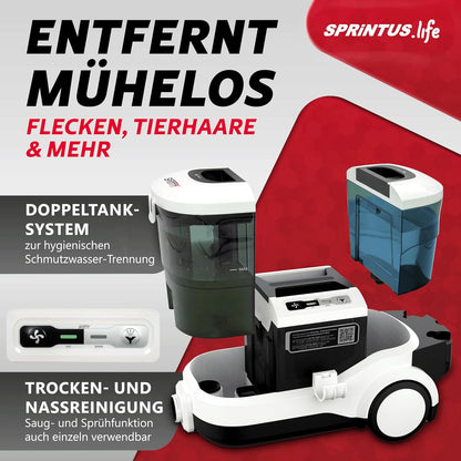 SPRiNTUS Nasssauger Polsterreiniger Gerät SPOTTY mit 170mbar Saugleistung für gründliche Reinigung von Teppich, Polster, Tierhaar, Auto & Hartboden I Hygienischer Teppichreiniger Waschsauger [67db]