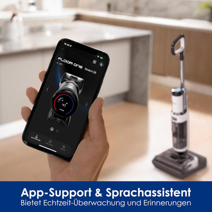 Tineco Floor One Stretch S6 Nass Trockensauger, 180°-Flachdesign Saugwischer 13cm Liegehöhe, 70°C 5min FlashDry Selbstreinigung, 3-Seitige Kantenreinigung 40min Laufzeit Reinigung unter tiefen Möbeln