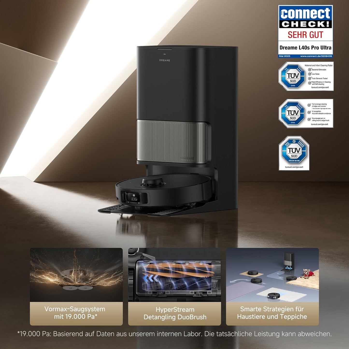 dreame L40s Pro Ultra Saugroboter, selbstreinigende Wischmopps, 19.000 Pa Saugkraft, 100% Detangling DuoBrush, ausfahrbare Wischmopps, Hindernisvermeidung für mehr als 180 Objekte, Sprachsteuerung