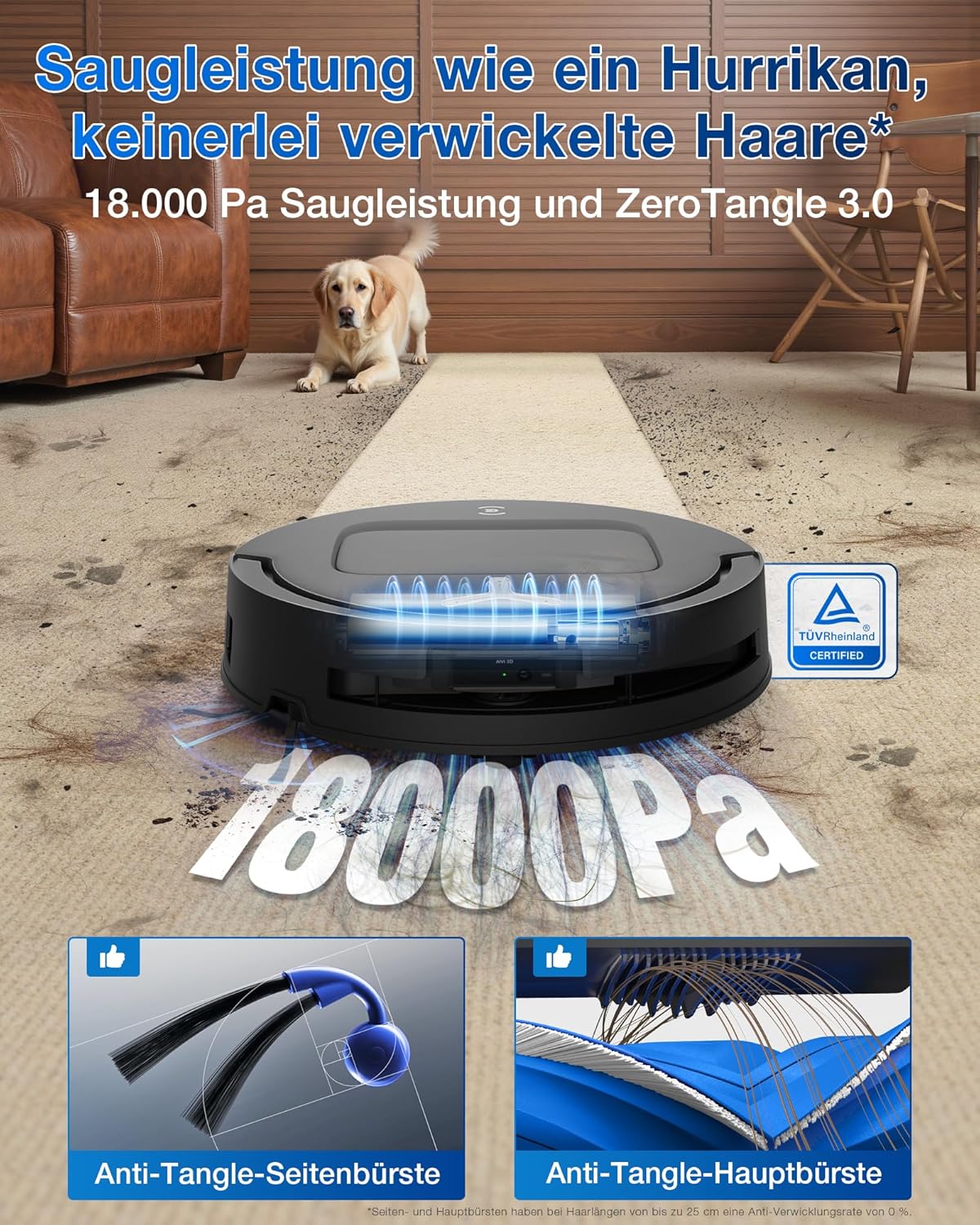 ECOVACS DEEBOT T80 Omni Saugroboter mit Wischfunktion, 18.000 Pa, OZMO Roller Wischwalze mit kontinuierlicher Frischwasser-Selbstreinigung, ZeroTangle 3.0,Moppwäsche mit 40-75℃ heißem Wasser, Schwarz