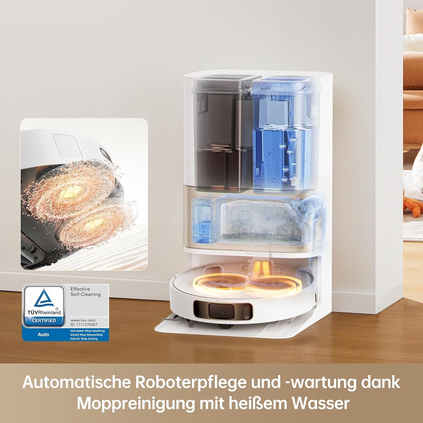dreame L10s Pro Ultra Heat Saugroboter mit Wischfunktion, Automatische Moppreinigung mit heißem Wasser, Moppverlängerung, 7.000 Pa Saugkraft, Doppelte Mopp- und Bodenreinigung, Teppicherkennung