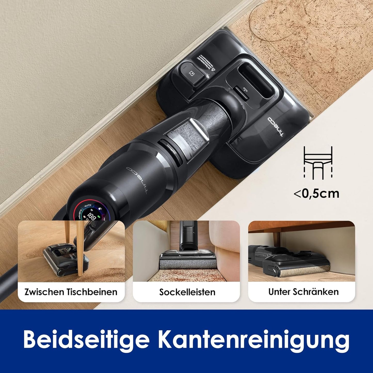 Tineco Floor ONE S7 Stretch Ultra Nass Trockensauger, 180° Lay-Flat Nasssauger, 85°C 5 Min Flashdry-Selbstreinige, 50 Min Laufzeit, DualBlock Anti-Tangle, Beide Kantenreinigen, Reinigen unter Möbeln