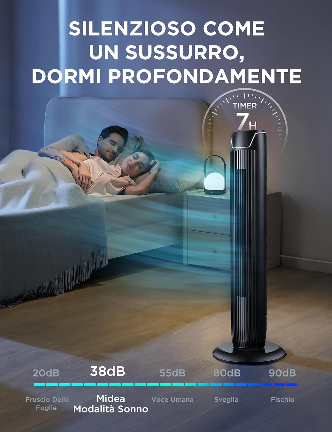 Midea FZ10-17JR Turmventilator Leise mit Fernbedienung 92CM, mobiler Lüfter,Ventilator Säulenventilator,7 Stunden Timer,3 Modi,3 Geschwindigkeiten,45W Standventilator,Schwarz