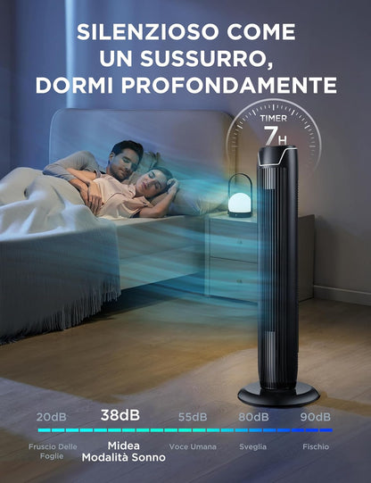 Midea FZ10-17JR Turmventilator Leise mit Fernbedienung 92CM, mobiler Lüfter,Ventilator Säulenventilator,7 Stunden Timer,3 Modi,3 Geschwindigkeiten,45W Standventilator,Schwarz
