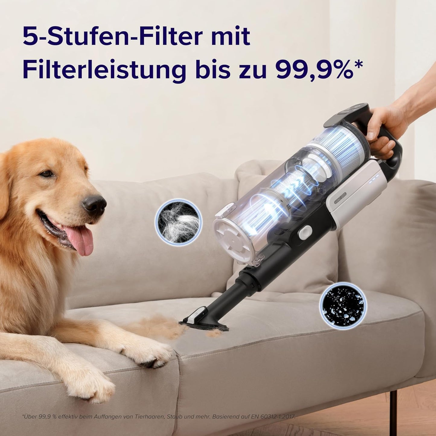 Levoit - Akku Staubsauger mit Tierhaardüse - Anti Haar Wrap - 4-in-1 Kabelloser Akkustaubsauger - 99,9 Prozent Filterleistung - Beutelloser Akkusauger für Teppich/Hartböden/Auto - max 50 min Laufzeit