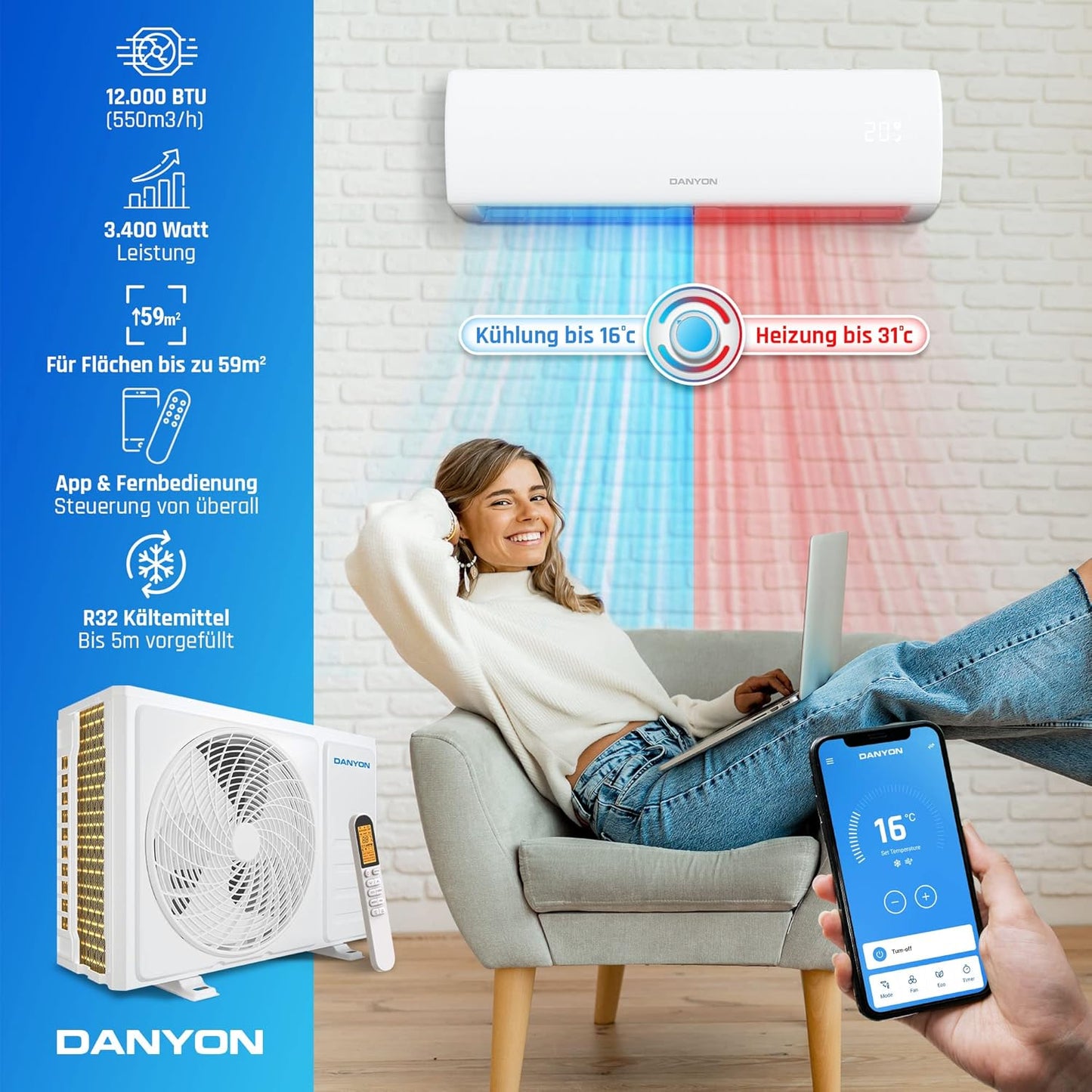 Danyon Klimaanlage Split - 12000 BTU - 3,4 kW, Selbstreinigung, leise, Smart Home, Inverter Klimagerät mit Heizfunktion, Splitgerät vorgefüllt mit R32 Kältemittel, Timer, bis 59 m2, 5m Komplettset