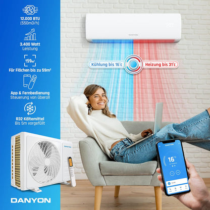 Danyon Klimaanlage Split - 12000 BTU - 3,4 kW, Selbstreinigung, leise, Smart Home, Inverter Klimagerät mit Heizfunktion, Splitgerät vorgefüllt mit R32 Kältemittel, Timer, bis 59 m2, 5m Komplettset