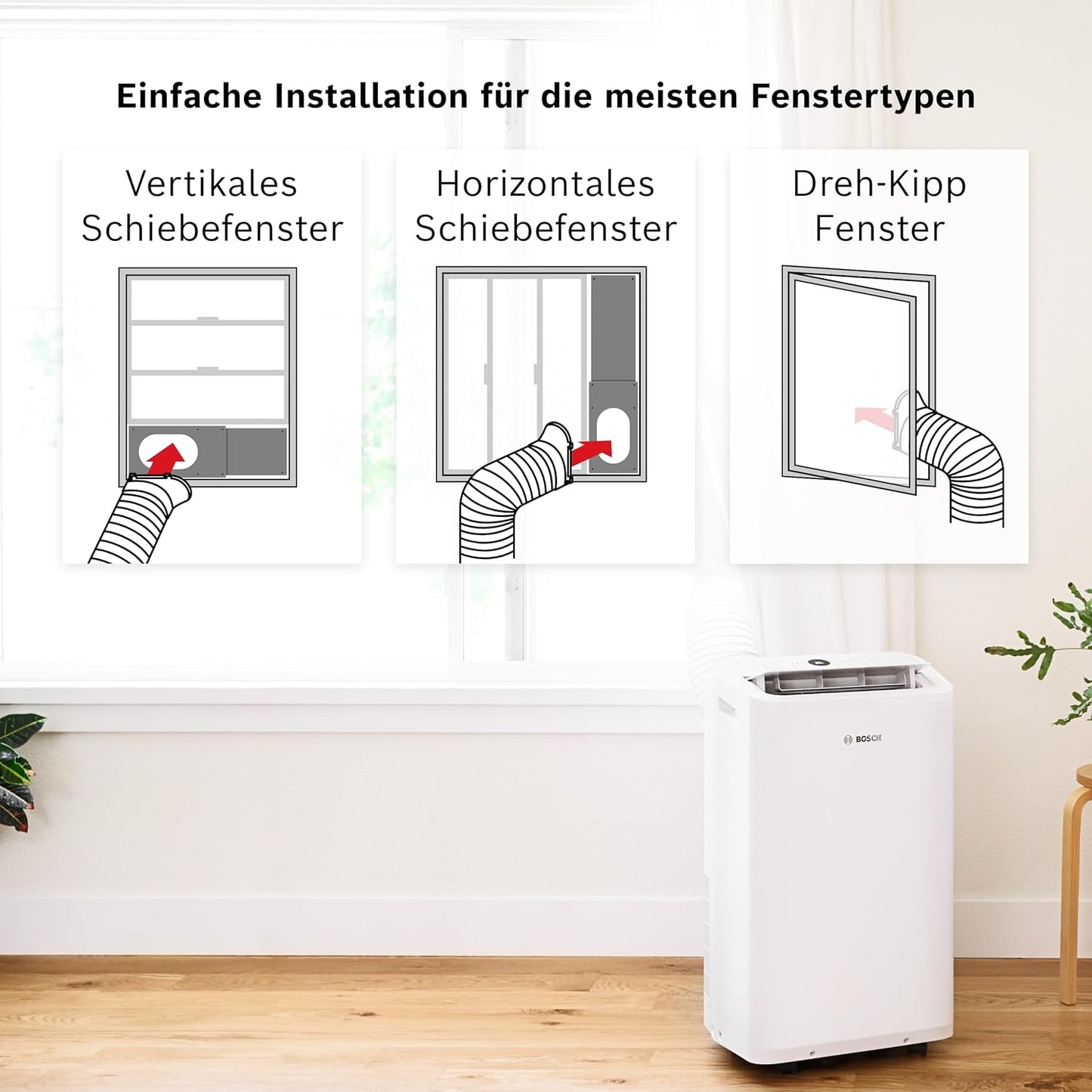 Bosch Cool 2000 Mobiles Klimagerät - 3-in-1: Klimagerät, Luftentfeuchter, Ventilator - 2,6 kW Kühlleistung für Räume bis zu 35m² - Auto-Modus, Silent-Modus & Sleep-Modus
