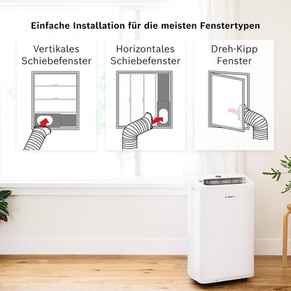 Bosch Cool 2000 Mobiles Klimagerät - 3-in-1: Klimagerät, Luftentfeuchter, Ventilator - 2,6 kW Kühlleistung für Räume bis zu 35m² - Auto-Modus, Silent-Modus & Sleep-Modus