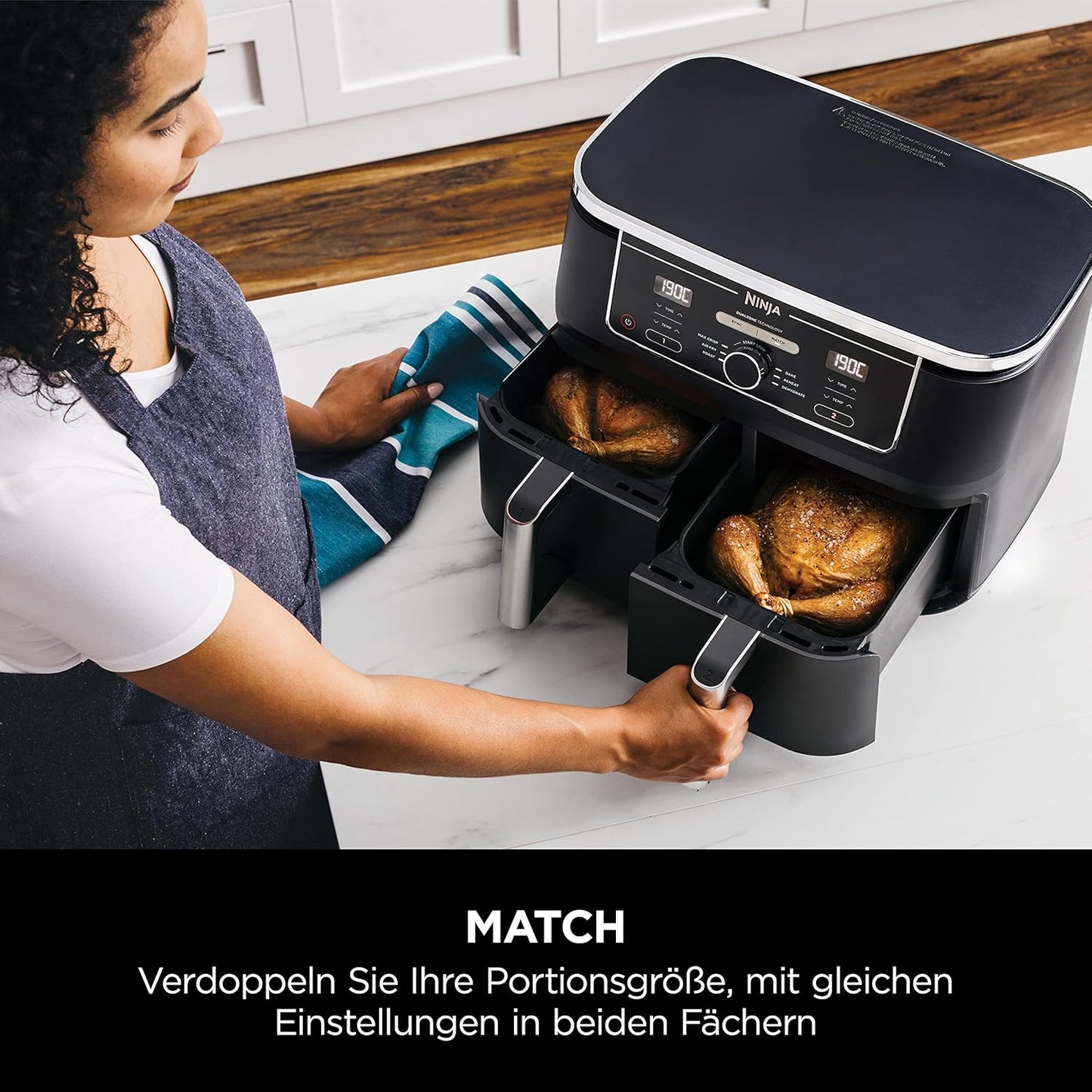 Ninja Foodi MAX Dual Zone Digitale Heißluftfritteuse, 9,5L Airfryer, 2 Fächer, Antihaftbeschichtung, spülmaschinenfeste Körbe, 6-in-1, 8 Portionen, Schwarz AF400EU