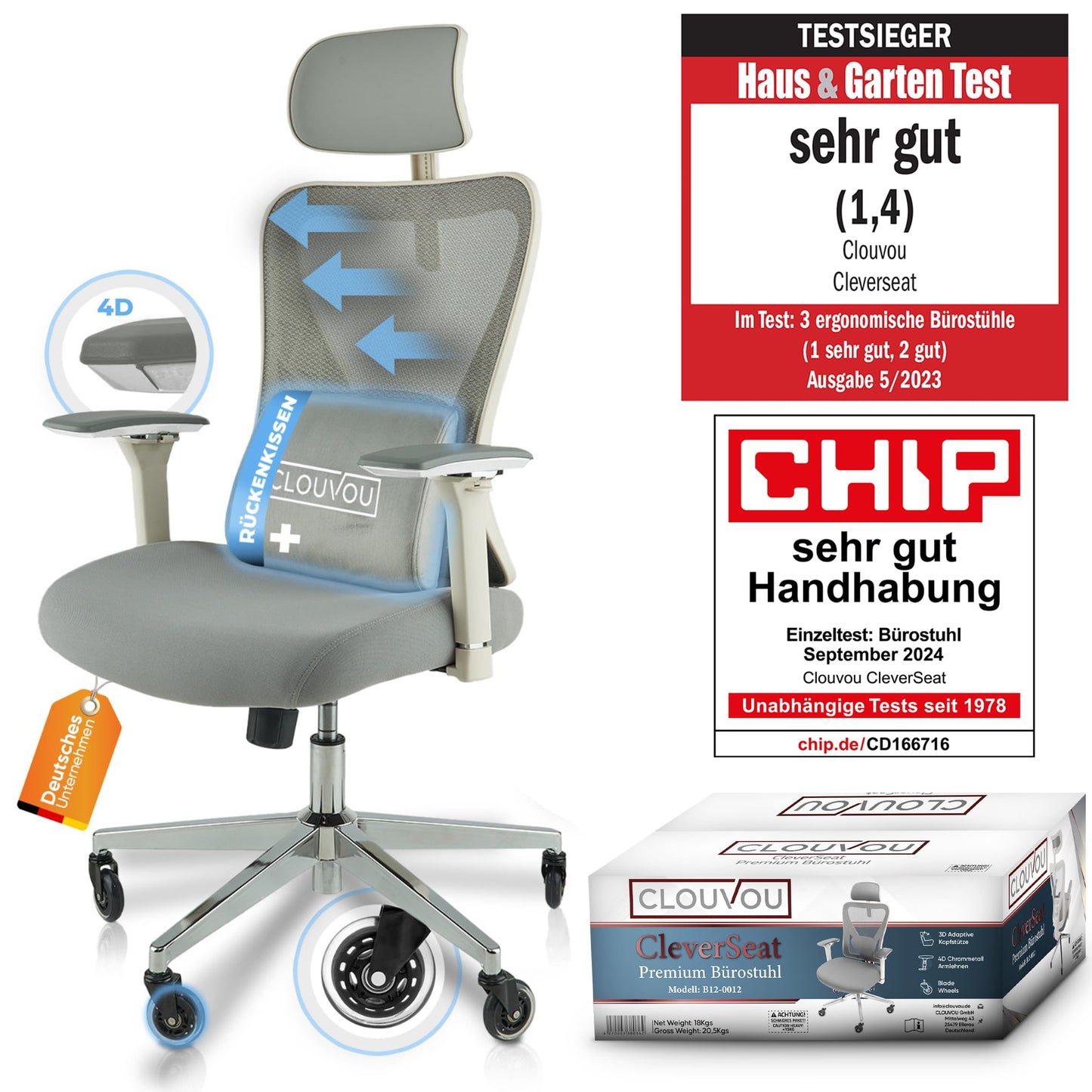 CLOUVOU CleverSeat Bürostuhl Ergonomisch [TESTSIEGER] Schreibtischstuhl 100% individuell einstellbar | Büro Stuhl & Gaming Stuhl | Computerstuhl Home Office Chair Ergonomic | Drehstuhl 150 kg