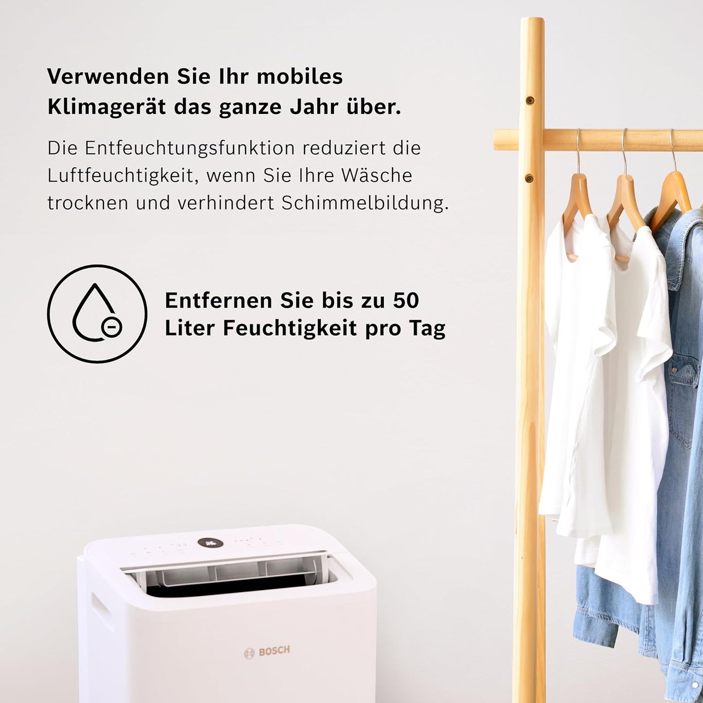 Bosch Cool 2000 Mobiles Klimagerät - 3-in-1: Klimagerät, Luftentfeuchter, Ventilator - 2,6 kW Kühlleistung für Räume bis zu 35m² - Auto-Modus, Silent-Modus & Sleep-Modus
