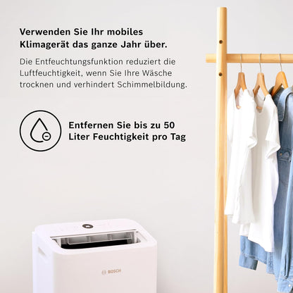 Bosch Cool 2000 Mobiles Klimagerät - 3-in-1: Klimagerät, Luftentfeuchter, Ventilator - 2,6 kW Kühlleistung für Räume bis zu 35m² - Auto-Modus, Silent-Modus & Sleep-Modus