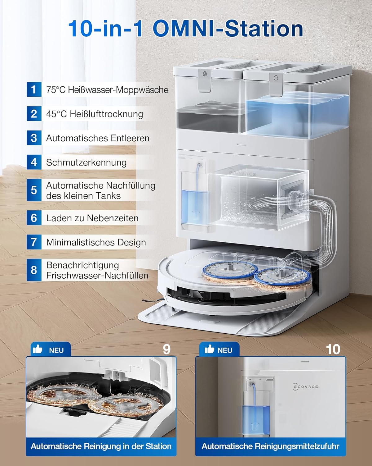 ECOVACS DEEBOT T50 PRO Omni Saugroboter mit Wischfunktion, Ausfahrende Seitenbürste und Wischmopp, 15.000 Pa, T30 PRO OMNI-Upgrade, Auto Zugabe von Reinigungslösung, Moppwäsche mit 75°C heißem Wasser