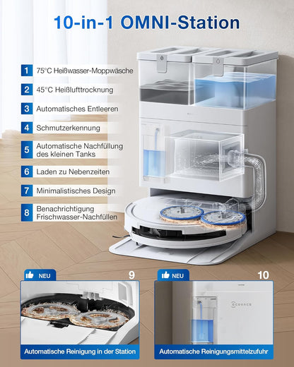 ECOVACS DEEBOT T50 PRO Omni Saugroboter mit Wischfunktion, Ausfahrende Seitenbürste und Wischmopp, 15.000 Pa, T30 PRO OMNI-Upgrade, Auto Zugabe von Reinigungslösung, Moppwäsche mit 75°C heißem Wasser