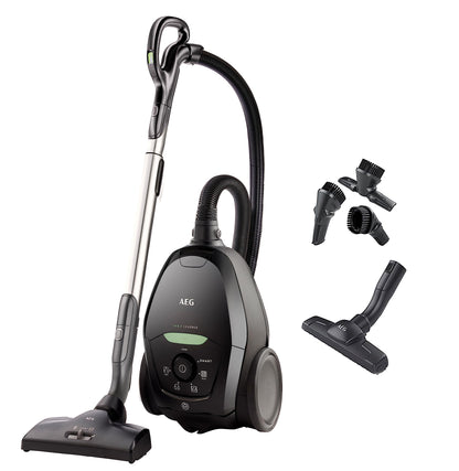 AEG Staubsauger mit Beutel, 70% Recyclingmaterial, inkl. Zusatzdüsen, 12 m, 850 Watt, nur 65 dB(A), 5 l Staubbeutelvolumen, Waschbarer Filter, Neue Technische Version, schwarzgrün, VX9-2-ÖKO