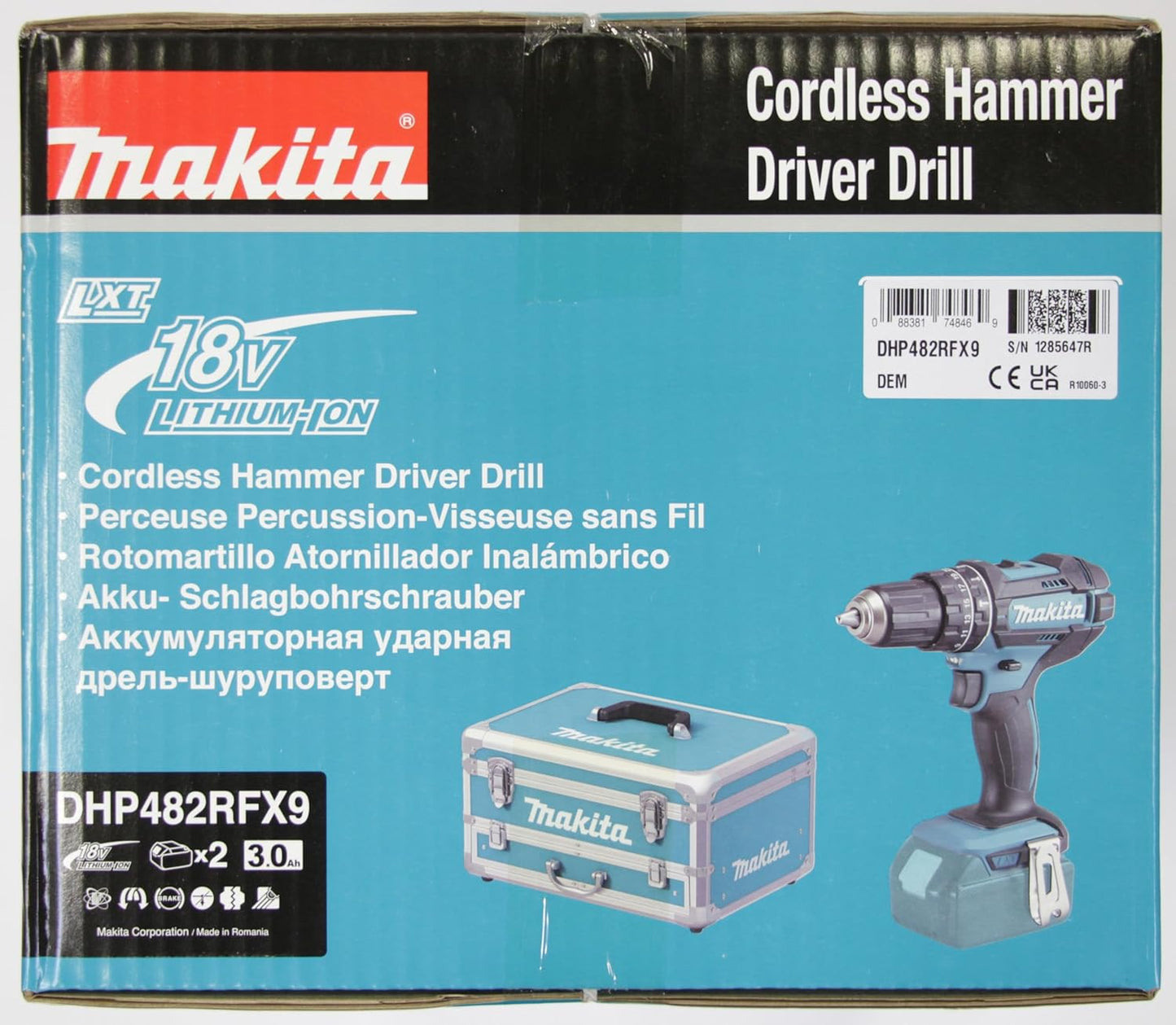 Makita DHP482RFX9 Schlagbohrschrauber 18V / 3,0 Ah, 2 Akkus plus Ladegerät im Alukoffer, Petrol, 96-tlg. Zubehör-Set