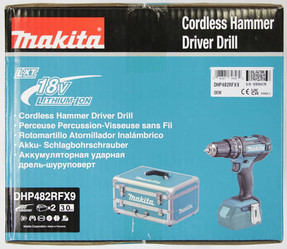 Makita DHP482RFX9 Schlagbohrschrauber 18V / 3,0 Ah, 2 Akkus plus Ladegerät im Alukoffer, Petrol, 96-tlg. Zubehör-Set
