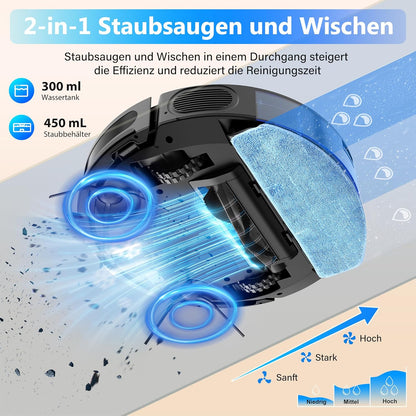 Tikom Saugroboter mit Wischfunktion 2 in 1, G8000 Max Staubsauger Roboter, 5000Pa Starke Saugkraft Roboterstaubsauger, Selbstaufladend, WLAN, 150Mins Max, Ideal für Tierhaare, Teppich, Hartboden