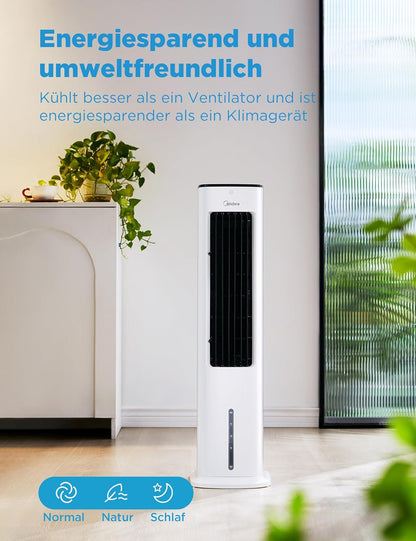 Midea 4-in-1 Mobile Klimaanlage ohne Abluftschlauch | Turmventilator mit Wasserkühlung & Luftbefeuchter | | Luftkühler mobil mit 5L Wassertank, 355m³/h Luftstrom, Ionisation, Fernbedienung (55W, Weiß)