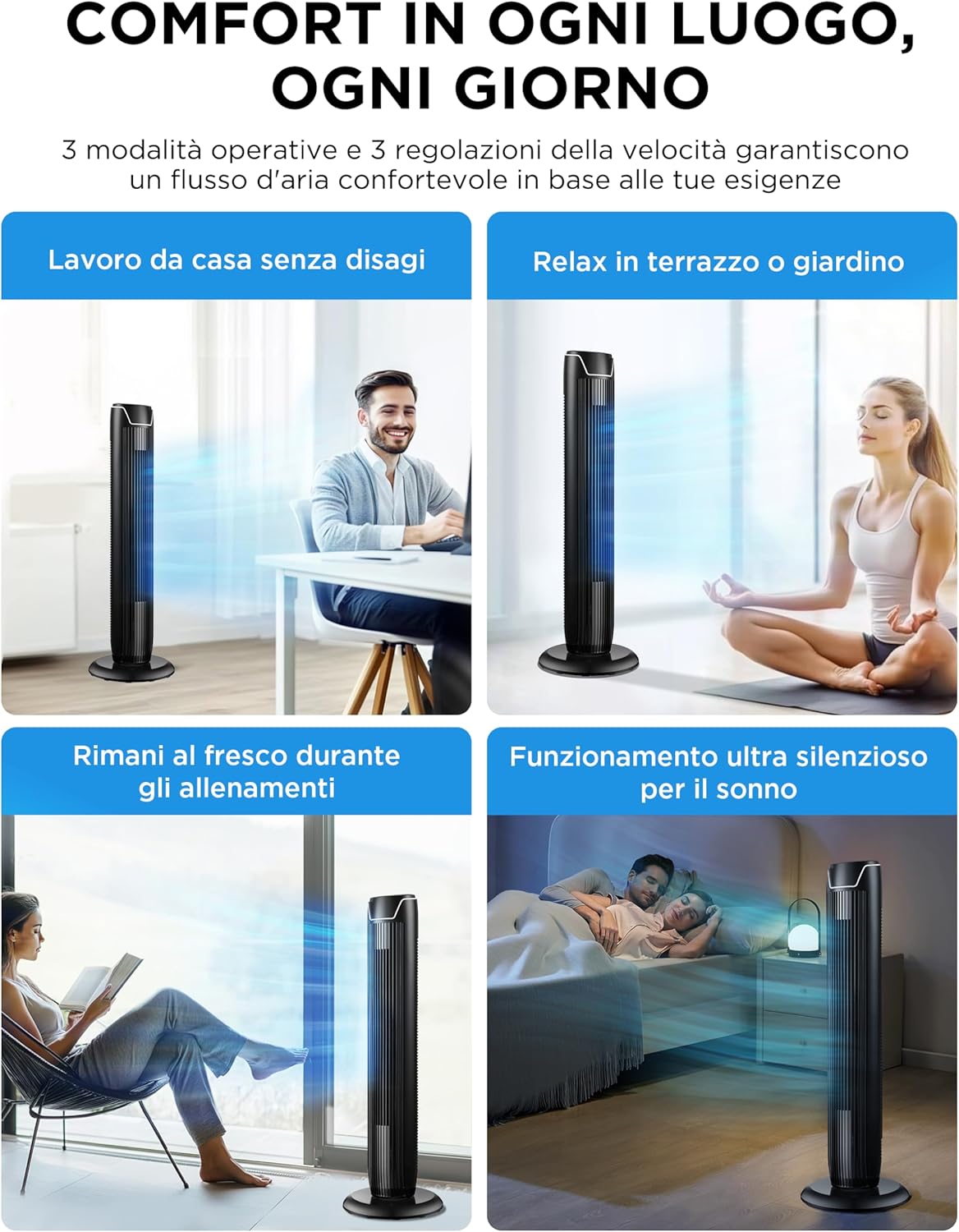 Midea FZ10-17JR Turmventilator Leise mit Fernbedienung 92CM, mobiler Lüfter,Ventilator Säulenventilator,7 Stunden Timer,3 Modi,3 Geschwindigkeiten,45W Standventilator,Schwarz